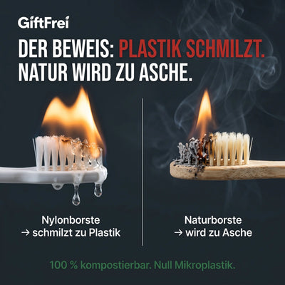 Brenntest: Nylonborste schmilzt zu Plastik, GiftFrei-Naturborste wird zu Asche