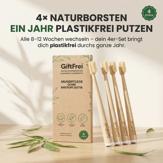 GiftFrei 4er-Set: Kraftverpackung mit vier Bambus-Zahnbürsten – ein Jahr plastikfrei putzen